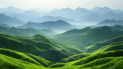 Naklejka premium Lush green hills under a misty mountain backdrop.