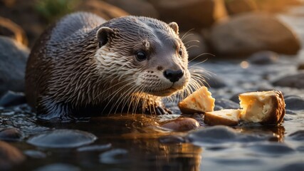 Fototapeta premium Playful otter enjoying a snack by the riverbank, surrounded by smooth pebbles at sunset