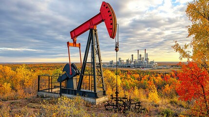 A shot of a pumpjack (oil derrick) in a West Texas field, with a refinery plant visible in the background, showcasing the infrastructure involved in oil extraction and refinement.