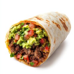 A spicy beef burrito with guacamole and salsa, isolated white background, contemporary art style