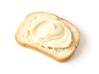 A slice of bread topped with mayonnaise swirl, perfect for culinary presentations or recipes isolated on white background. Generative AI