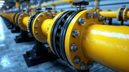 A high-quality shot of the pipeline and valve setup in a chemical plant, showcasing the infrastructure used to transport hazardous chemicals safely through the facility.