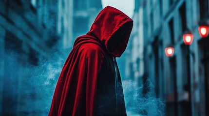 Hooded figure in red cape, city street, mysterious smoke, fantasy film scene