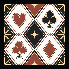 Luxurious Diamond Pattern Featuring Hearts, Spades, Clubs, and Geometric Art Elements. Vintage Card Symbol Pattern Design with Hearts, Spades, and Clubs in a Geometric Layout.