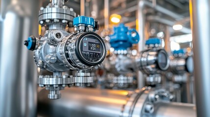 Obraz premium Detailed view of a pipeline and valve section at a chemical plant, showing the precision needed to safely manage chemical transportation across the facility.