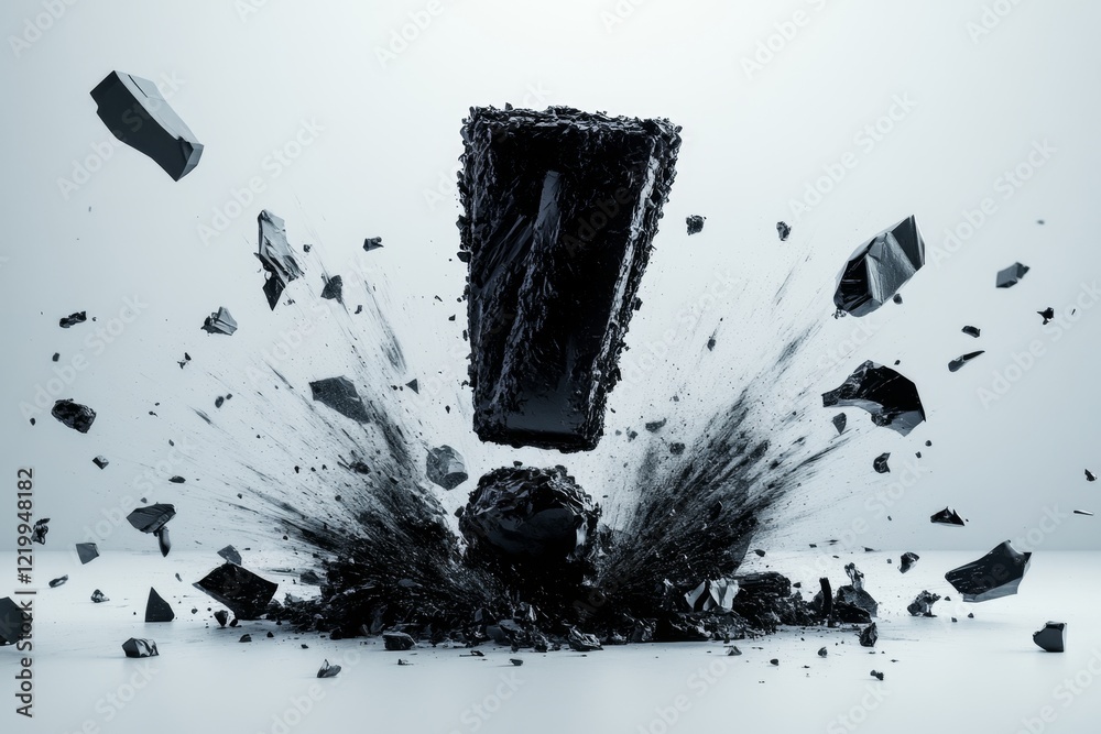 Poster A clean depiction of a single exclamation mark breaking through a flat surface, surrounded by sharp, angular lines representing an intense surprise