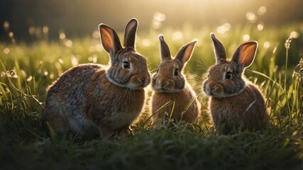 Three rabbits in a sunlit meadow, surrounded by tall grass and soft, glowing light