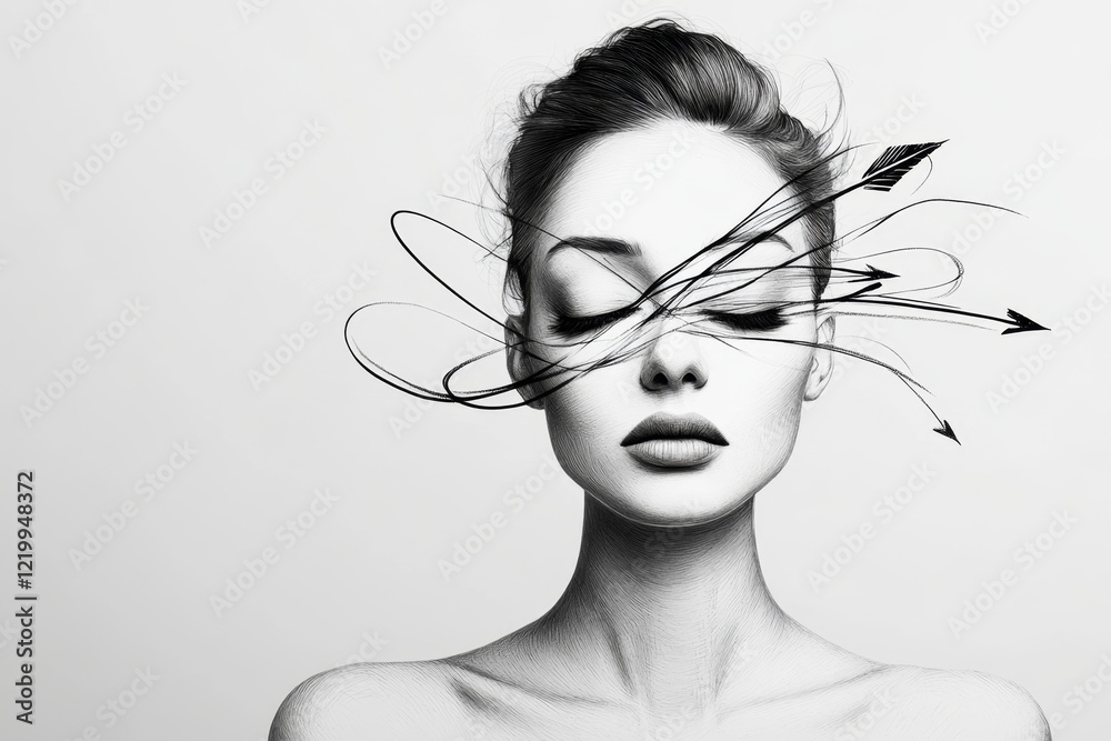 Poster A clean line drawing of a person with overlapping arrows around their head, symbolizing indecision and confusion in a minimalist style