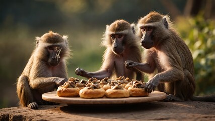 Three baboons sharing a platter of pastries in a natural setting, with trees in the background