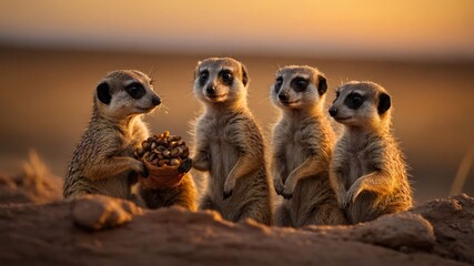 Four meerkats gathered at sunset, sharing food while the desert landscape glows behind them