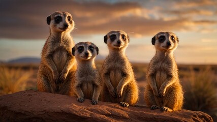 Four meerkats standing on a rock during sunset in a serene desert landscape