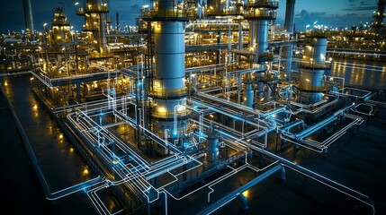 A modern, vector-based oil and gas production line icon set showcasing essential elements such as refineries, pumps, pipelines, and storage tanks in a sleek design.