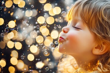 Fototapeta premium A close-up of a child giggling while playing with bubbles, their face glowing with amusement and wonder