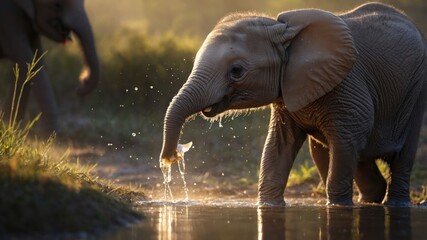 Fototapeta premium Young elephant playing in water during golden hour, with adult elephants in the background