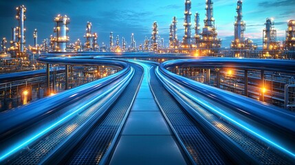A close-up view of blue pipes leading to an oil refinery, showcasing the intricate piping system used for transporting raw materials in the oil refining process.