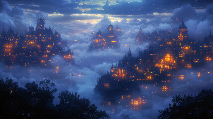 Fototapeta premium Enchanted Cloud City: A breathtaking, mystical city floating among the clouds, illuminated by the warm glow of countless windows at night.