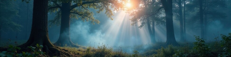 misty forest landscape with incense smoke wafting through trees, ethereal, spiritual, forest