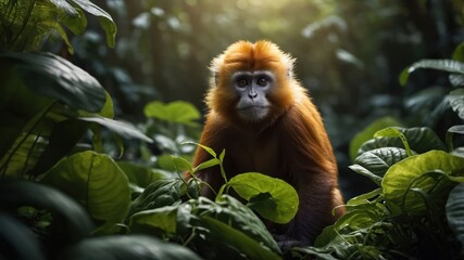 Fototapeta premium A curious golden monkey explores the lush green jungle, surrounded by vibrant foliage and soft sunlight