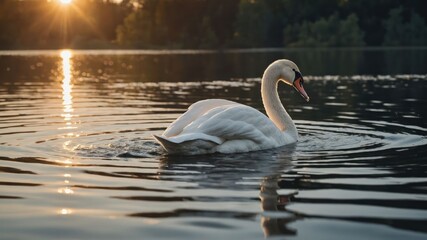 Fototapeta premium Graceful swan gliding on serene lake at sunset, surrounded by lush greenery and reflections