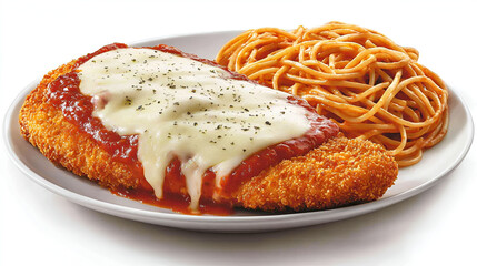 Crispy breaded chicken parmesan served with a side of spaghetti in tomato sauce. A delicious Italian-American classic.