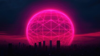 Vibrant holographic globe glowing with a dynamic network of interconnected lines suspended above the silhouetted cityscape