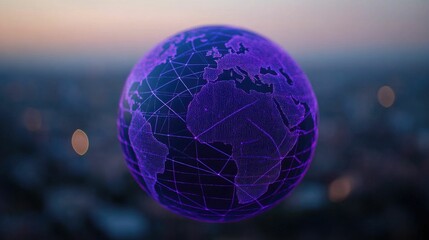 Vibrant holographic globe connected with glowing lines floating above a futuristic cityscape representing a global telecommunications network and digital connectivity