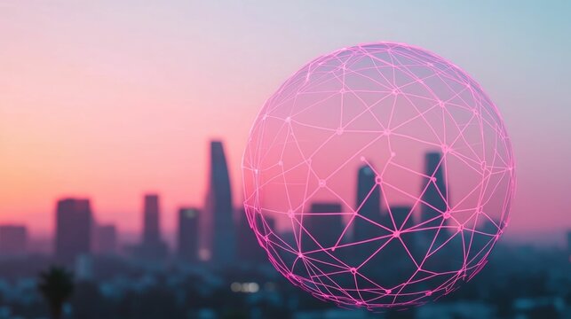 Vibrant Holographic Globe with Glowing Interconnected Lines Hovering Above Cityscape Skyline Representing a Global Telecommunications and Digital Network Infrastructure