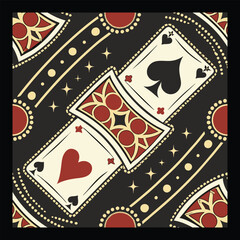 Luxurious Diamond Pattern Featuring Hearts, Spades, Clubs, and Geometric Art Elements. Vintage Card Symbol Pattern Design with Hearts, Spades, and Clubs in a Geometric Layout.
