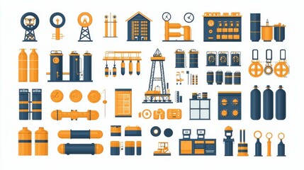 Vector oil industry silhouette icons including key visual elements like oil rigs, pipelines, refineries, storage tanks, and industrial production systems for the oil and gas sector.