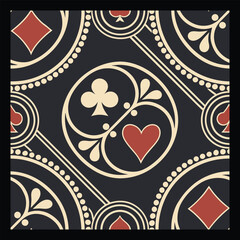 Luxurious Diamond Pattern Featuring Hearts, Spades, Clubs, and Geometric Art Elements. Vintage Card Symbol Pattern Design with Hearts, Spades, and Clubs in a Geometric Layout.