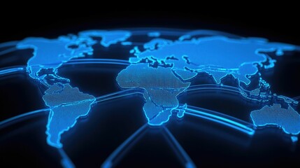 representation of a global communications network with glowing nodes on a 3D world map symbolizing international connectivity data flow and the interconnected nature of the modern digital landscape