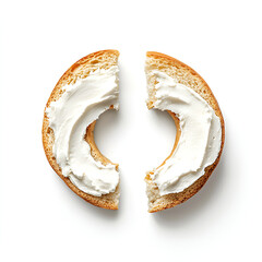 A bagel with cream cheese, broken in two halves, shot from above on a white background.