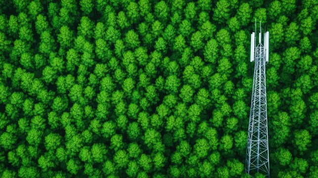 An aerial drone s perspective captures a telecommunications tower seamlessly integrated within a lush verdant forest exemplifying the harmony between modern technology and the natural environment