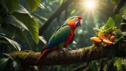 Obraz premium Vibrant parrot perched on a branch amidst lush jungle foliage, with fruits in the background, showcasing nature's beauty