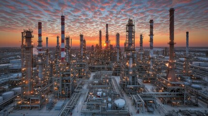 Aerial view of Southampton oil refinery at sunrise with the refinery towers and smoke stacks lit up by the early morning light, showcasing the scale of industrial activity.
