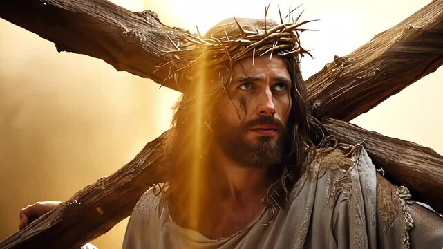 Biblical depiction of Jesus Christ carrying a wooden cross, wearing a crown of thorns. Dramatic lighting symbolizes sacrifice and redemption.