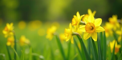 Fototapeta premium Daffodils swaying gently in a meadow of tall grass, , yellow