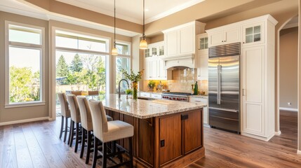 Fototapeta premium A kitchen with a large island and a stainless steel refrigerator