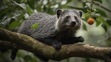 A curious raccoon dog perched on a branch in a lush forest, observing its surroundings intently
