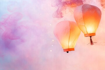 Obraz premium A delicate watercolor of a glowing lantern being released into the evening sky, with soft orange and purple hues blending into the scene
