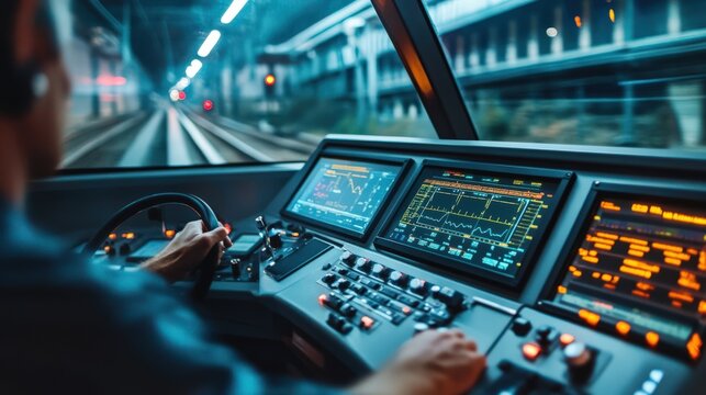 A man is driving a train with a view of the tracks