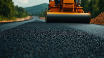 Heavy equipment operator smoothing asphalt with a road roller on a highway construction site infrastructure in progress  Asphalt paving road repair and transportation network development concept
