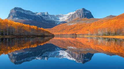Obraz premium Serene autumn landscape with mountain reflection.
