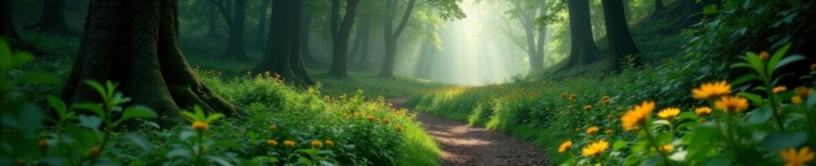 Obraz premium Misty forest pathway winding through dense foliage, dense undergrowth, wildflowers, rugged terrain