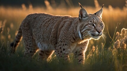 Fototapeta premium Majestic lynx prowling through golden grass during sunset, showcasing its keen hunting instincts