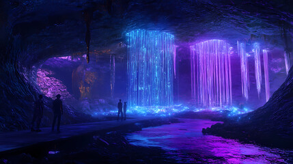 Virtual reality exploration futuristic cavern digital art neon environment dramatic angle immersive experience. Dream Cavern. Illustration