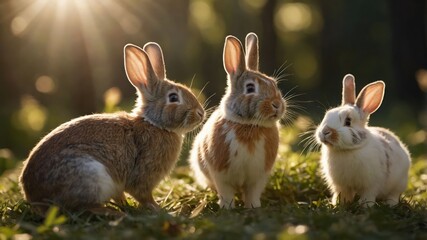 Three rabbits sitting in a sunlit meadow, surrounded by greenery, in a serene natural setting