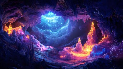 Virtual reality exploration futuristic cavern digital art neon environment dramatic angle immersive experience. Dream Cavern. Illustration