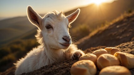 Obraz premium Playful goat enjoying a sunny hillside with freshly baked bread rolls at sunset