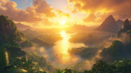 Obraz premium Serene landscape at sunset over a tranquil river.